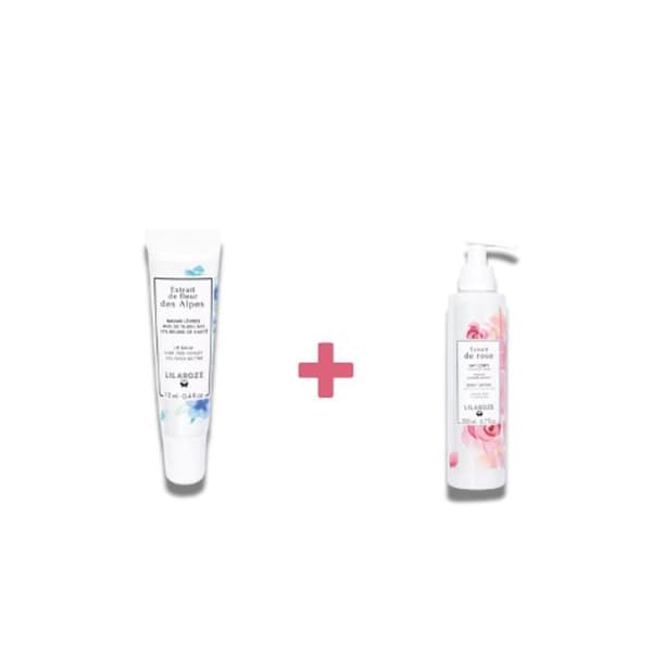 Lilaroze Paris Pack Läppbalsam Extrakt av Alpf blomma Linderblomma Ekologisk + Kroppslotion Extrakt av Ros Hydrerar och Lugnar