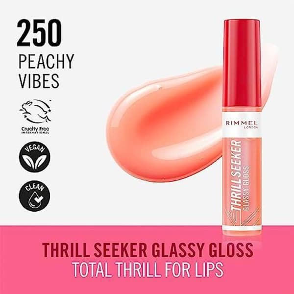 Rimmel Thrillseeker Glassy Gloss 250 Vibes Peachy Fuktgivande glans, Hyaluronsyra, Antioxidantkomplex, Non-sticky, Chunky