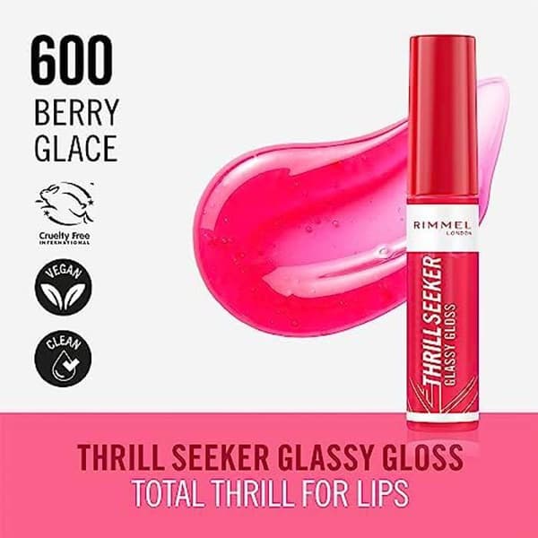 Rimmel Thrillseeker Glassy Gloss 600 Berry Glaze, Hydrating Shine, Hyaluronsyra, Antioxidant Complex, Non-sticky, Chunky