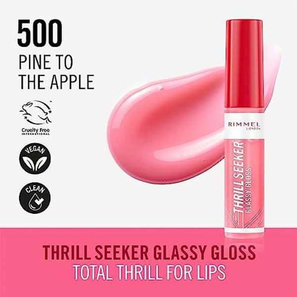 Rimmel Thrillseeker Gloss Glasy Gloss 500 Apple Pine, Hydrating Shine, Hyaluronsyra, Antioxidant Complex, No