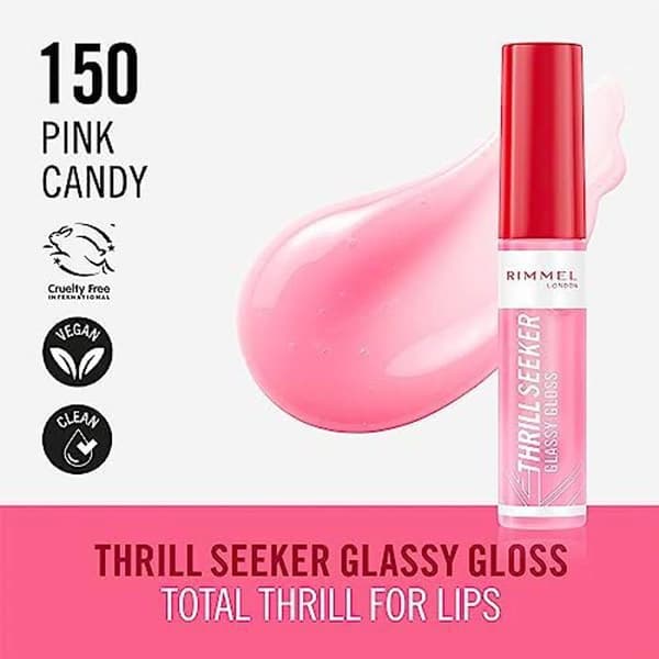 Rimmel Thrillseeker Glassy Gloss 150 Pink Candy, Hydrating Shine, Hyaluronsyra, Antioxidant Complex, Non-sticky,