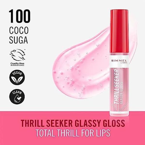 Rimmel Thrillseeker Glassy Gloss 100 Coco Suga, Hydrating Shine, Hyaluronsyra, Antioxidant Complex, Non-sticky, Chunky
