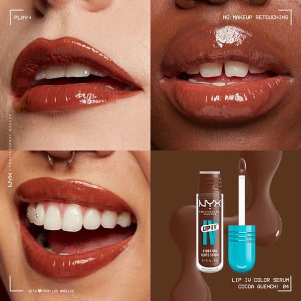 NYX Professional Makeup, Lip IV, Gloss, upp till 12h hydrering, högpigmenterad, glänsande finish, Cocoa Quench!