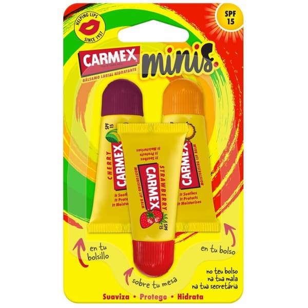 Fuktcerat Carmex Triplo Jordgubbe Ananas 3 Delar Cerise Spf 15