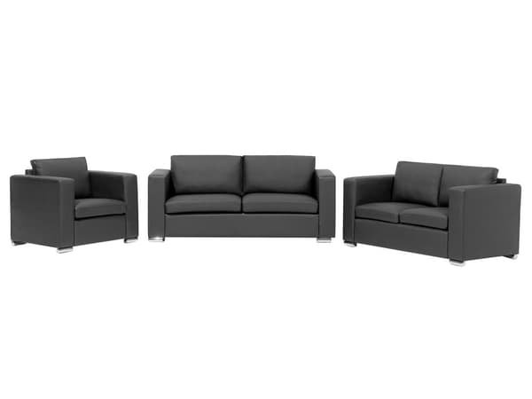 Soffgrupp 3+2+1 Svart Läder Kromade ben 3-sits Loveseat Modern Vardagsrum