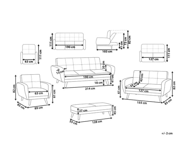 Soffgrupp Svart Tyg 3 + 2 + 1 sits Fotpall Sovfunktion Retro Vardagsrum