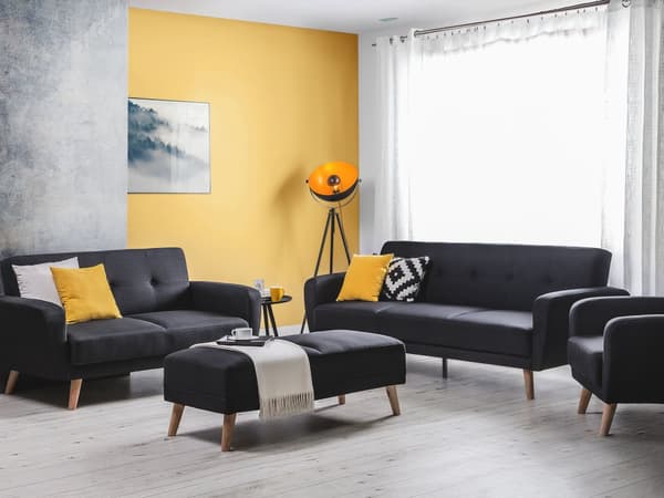 Soffgrupp Svart Tyg 3 + 2 + 1 sits Fotpall Sovfunktion Retro Vardagsrum