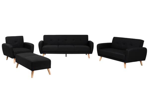 Soffgrupp Svart Tyg 3 + 2 + 1 sits Fotpall Sovfunktion Retro Vardagsrum