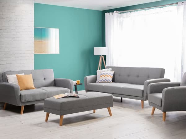 Stuesæt Grå Stof 3 + 2 + 1 Personer Fodskammel Sovefunktion Retro Stil