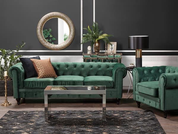 Chesterfield Sofasæt Grøn Velour Stof Sorte Træben 4 Personers Bredt Tyk Polstret Knap Tuftet Venetiansk Barok stil Stue Moderne Dekoration