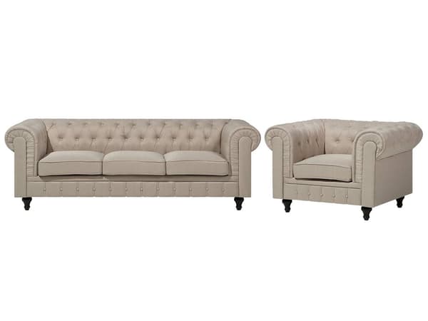 Chesterfield Sofasæt Beige Stof med Sorte Træben 4 Personers Bredt Tyk Polstret Knap Tuftet Venetiansk Barok stil Stue Moderne Dekoration