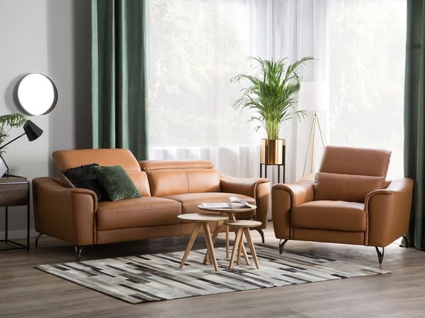 3 + 1 Soffset Brun Läder Justerbart Nackstöd Bred Sits Retro