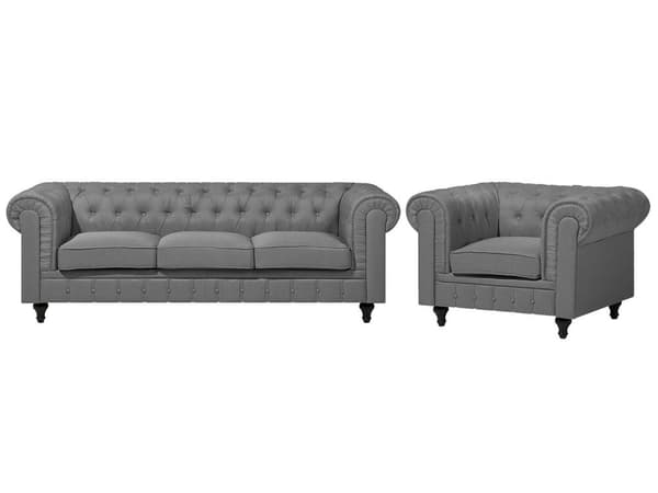 Chesterfield Soffgrupp 3-sitssoffa + Fåtölj Ljusgrå tyg Mörka Träben
