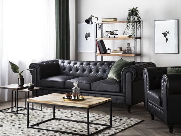 Chesterfield Vardagsrumsset 3-sitssoffa + Fåtölj Svart Konstläder Mörka Träben