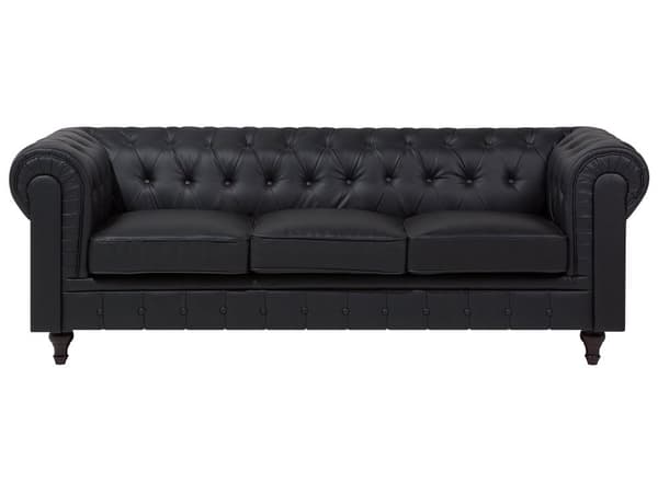 Chesterfield Vardagsrumsset 3-sitssoffa + Fåtölj Svart Konstläder Mörka Träben