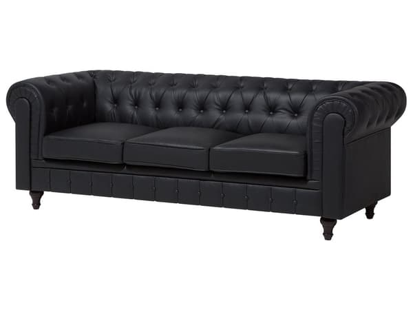 Chesterfield Vardagsrumsset 3-sitssoffa + Fåtölj Svart Konstläder Mörka Träben