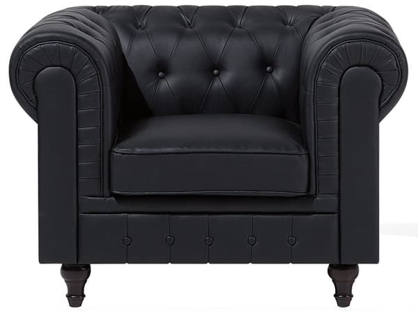 Chesterfield Vardagsrumsset 3-sitssoffa + Fåtölj Svart Konstläder Mörka Träben