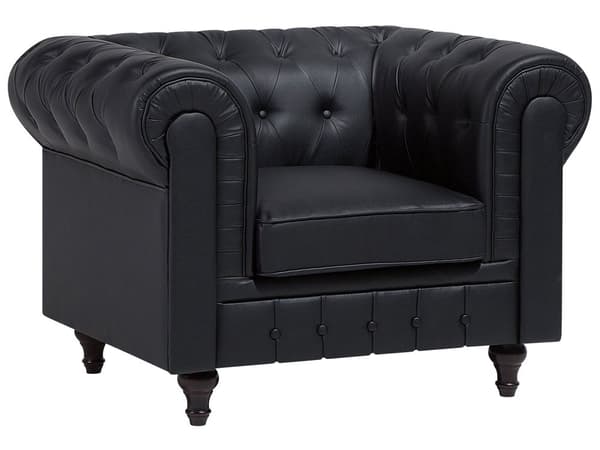 Chesterfield Vardagsrumsset 3-sitssoffa + Fåtölj Svart Konstläder Mörka Träben