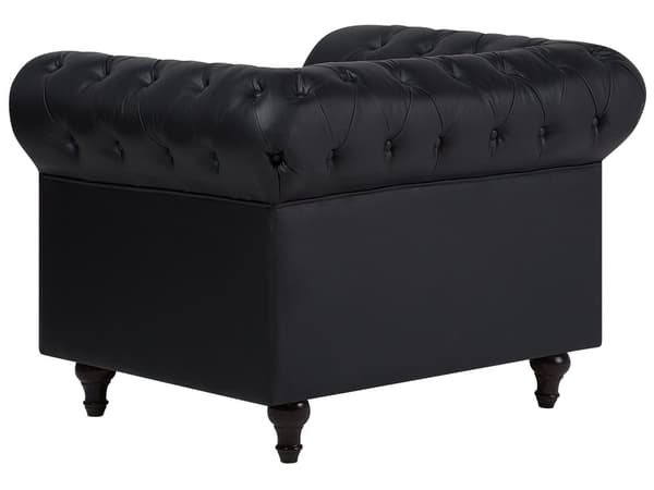 Chesterfield Vardagsrumsset 3-sitssoffa + Fåtölj Svart Konstläder Mörka Träben