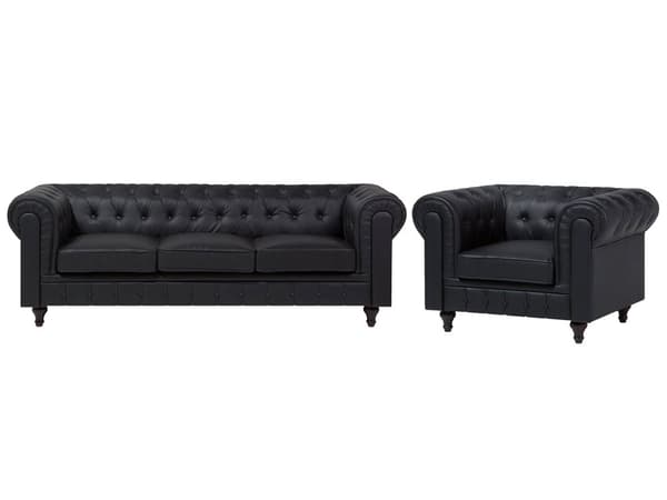 Chesterfield Vardagsrumsset 3-sitssoffa + Fåtölj Svart Konstläder Mörka Träben