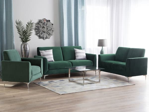 Sohvaryhmä tummanvihreä sametti verhoiltu hopeat metallijalat kuudelle 2x sohva nojatuoli moderni glamour tyyli