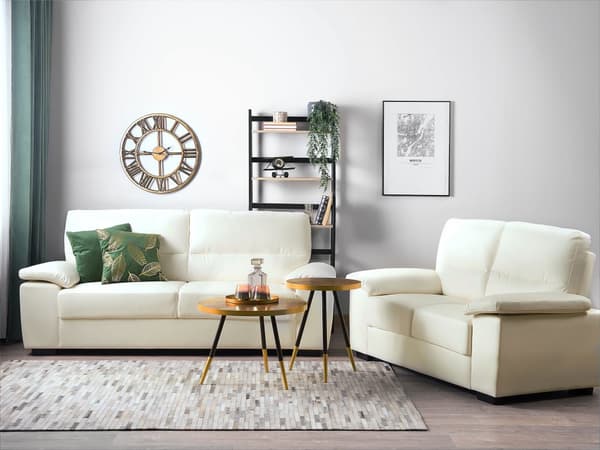 Et 3 + 2 sofasæt beige øko-læder træben klassisk stil