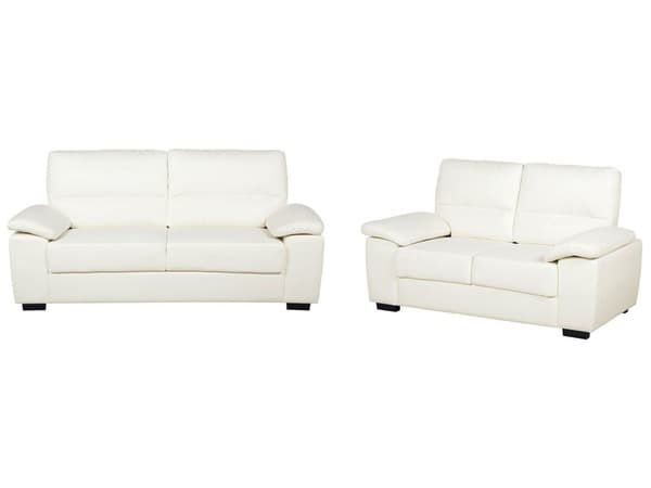 Et 3 + 2 sofasæt beige øko-læder træben klassisk stil