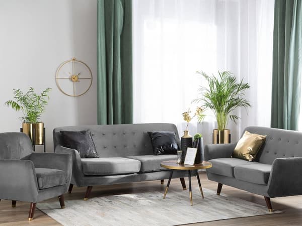Sohvaryhmä harmaa sametti verhoiltu puu kuudelle napitettu 2x sohva nojatuoli retro glamour tyyli