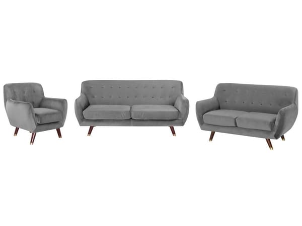 Sohvaryhmä harmaa sametti verhoiltu puu kuudelle napitettu 2x sohva nojatuoli retro glamour tyyli