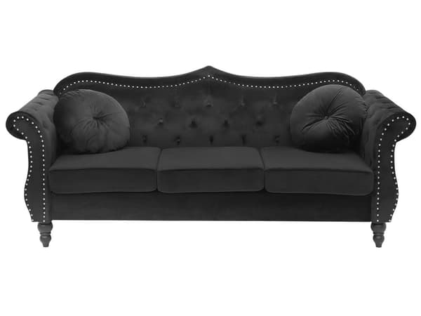 Soffgrupp Svart Sammet 2-sits 3-sits Knappar Tuftad Kuddar Rullarmar Glam