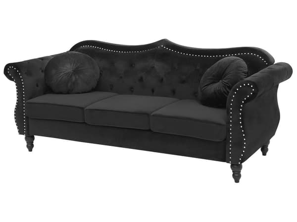 Soffgrupp Svart Sammet 2-sits 3-sits Knappar Tuftad Kuddar Rullarmar Glam