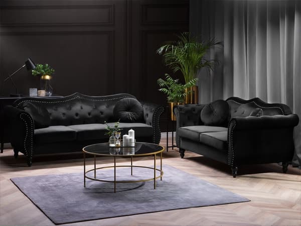 Soffgrupp Svart Sammet 2-sits 3-sits Knappar Tuftad Kuddar Rullarmar Glam