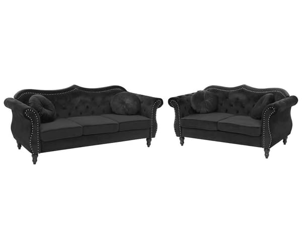 Soffgrupp Svart Sammet 2-sits 3-sits Knappar Tuftad Kuddar Rullarmar Glam