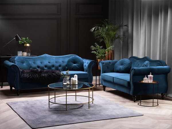 Soffgrupp Blå Sammet 2-sits 3-sits Knappar Tuftad Kuddar Rullarmar Glam