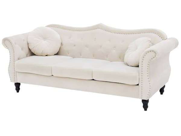 Soffgrupp Beige Sammet 2-sits 3-sits Knappar Tuftad Kuddar Rullarmar Glam