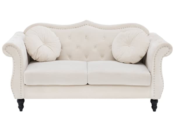 Soffgrupp Beige Sammet 2-sits 3-sits Knappar Tuftad Kuddar Rullarmar Glam