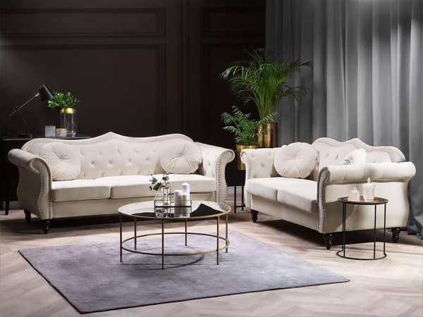 Soffgrupp Beige Sammet 2-sits 3-sits Knappar Tuftad Kuddar Rullarmar Glam