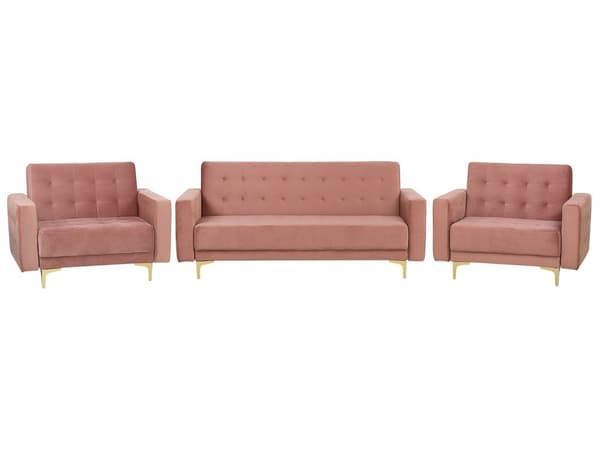 Soffgrupp Rosa Sammet Tuftat Tyg 3-sitsig Bäddsoffa 2 Fåtöljer Modern 3-delad Uppsättning Vardagsrum