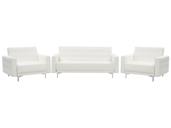 Sofa Hvid Kunstlæder med Skumfyld og Sølv Krom Metalben 3 personers med 2 lænestole Moderne Tuftet Klik Klak modul Sovefunktion Stueindretning