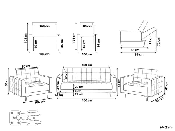 Sofasæt Velour Grå ABERDEEN