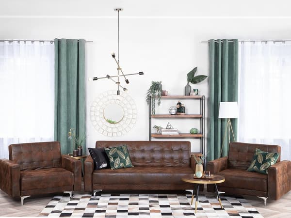 Vardagsrumsset 3-sits Bäddsoffa Brun Konstläder Tuftad 2 Fällbara Fåtöljer Modern