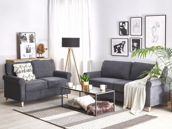 2 + 3-sits Soffgrupp Grå Sammet Träram Fjädersäte Vardagsrum