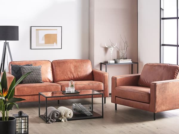 Sofasæt gyldenbrun polyester imiteret læder 3 + 1 sofa lænestol stue soveværelse sæt