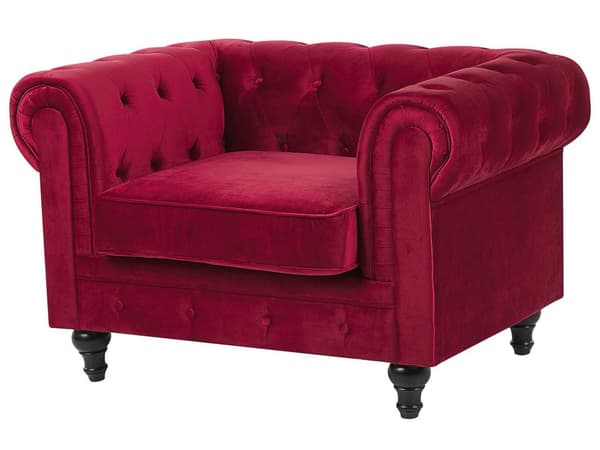 Chesterfield Sofasæt Mørkerød Velour med Sorte Træben 4 Personers Bredt Tyk Polstret Knap Tuftet Venetiansk Barok stil Stue Moderne Dekoration