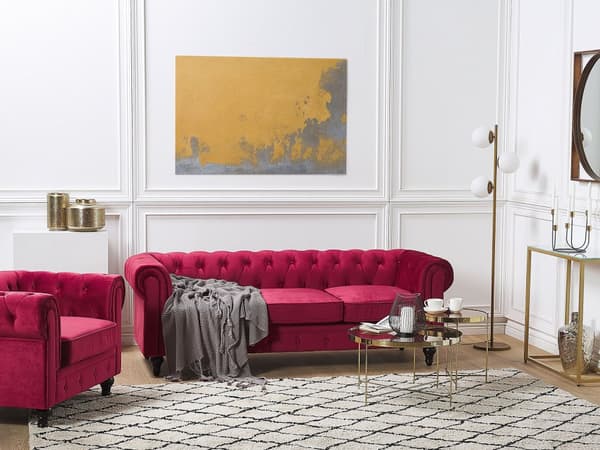 Chesterfield Sofasæt Mørkerød Velour med Sorte Træben 4 Personers Bredt Tyk Polstret Knap Tuftet Venetiansk Barok stil Stue Moderne Dekoration