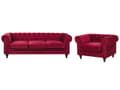 Miniatyrbillede 1 af 11: Chesterfield Sofasæt Mørkerød Velour med Sorte Træben 4 Personers Bredt Tyk Polstret Knap Tuftet Venetiansk Barok stil Stue Moderne Dekoration