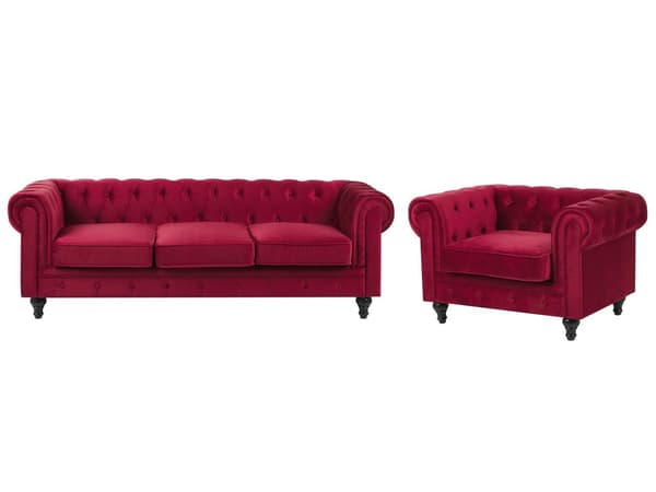 Chesterfield Sofasæt Mørkerød Velour med Sorte Træben 4 Personers Bredt Tyk Polstret Knap Tuftet Venetiansk Barok stil Stue Moderne Dekoration