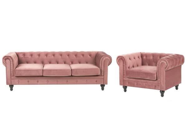 Chesterfield Sofasæt Lyserød Velour med Sorte Træben 4 Personers Bredt Tyk Polstret Knap Tuftet Venetiansk Barok stil Stue Moderne Dekoration