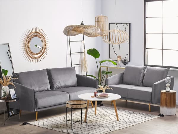 Vardagsrum Soffgrupp Grå Sammet Ryggkuddar Metall Gulda Ben Retro Glam