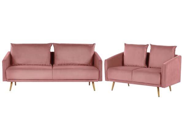 Sofagruppe Lyserød Velour Guld Metalben 3 Personers Sæt 2er Dekorativ Indendørs Dyb Sofa Stue Indretning Glamour Retro Inspiration Tilbehør